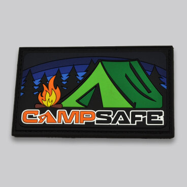 Camping-themed patch with a green tent, campfire, and 'CAMP SAFE' text.