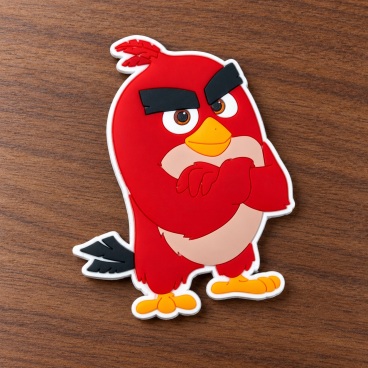 Cartoon red bird PVC patch with thick eyebrows on a wooden surface.