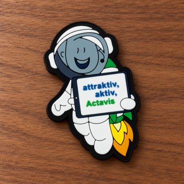 PVC patch of a cartoon astronaut holding a sign with text, on a wooden background.