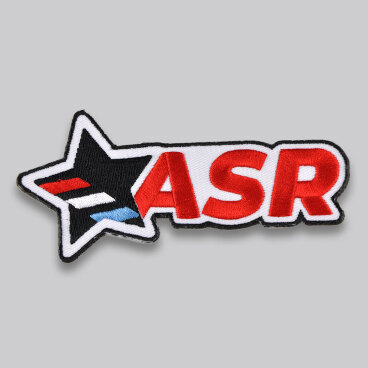 Embroidered patch with 'ASR' in red and a black star with colored stripes.