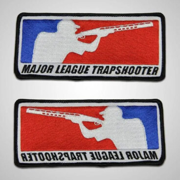 Two patches with a silhouette of a person holding a shotgun and the text 'Major League Trapshooter'.