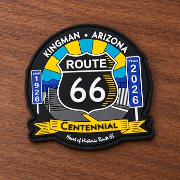 Route 66 centennial patch featuring highway symbol and 'Kingman • Arizona'.