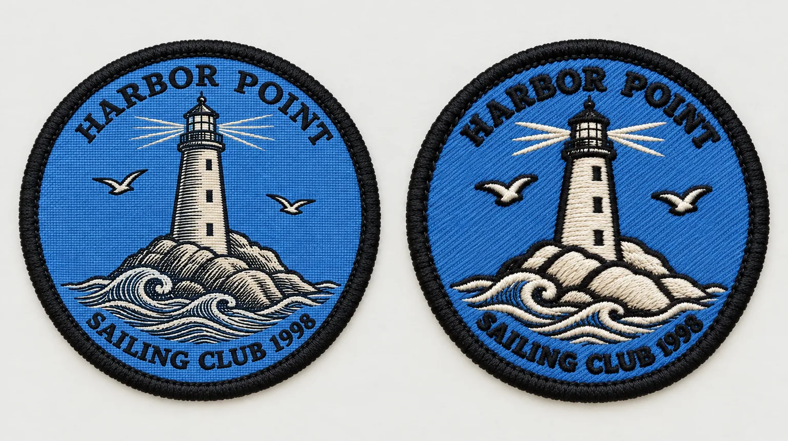 Two round Harbor Point Sailing Club patches with the same lighthouse design, side by side. The left patch is woven: flat, with fine hatch-line shading and crisp small lettering. The right patch is embroidered: the shading becomes bold, glossy fill stitches on a blue twill base, with thicker lettering.