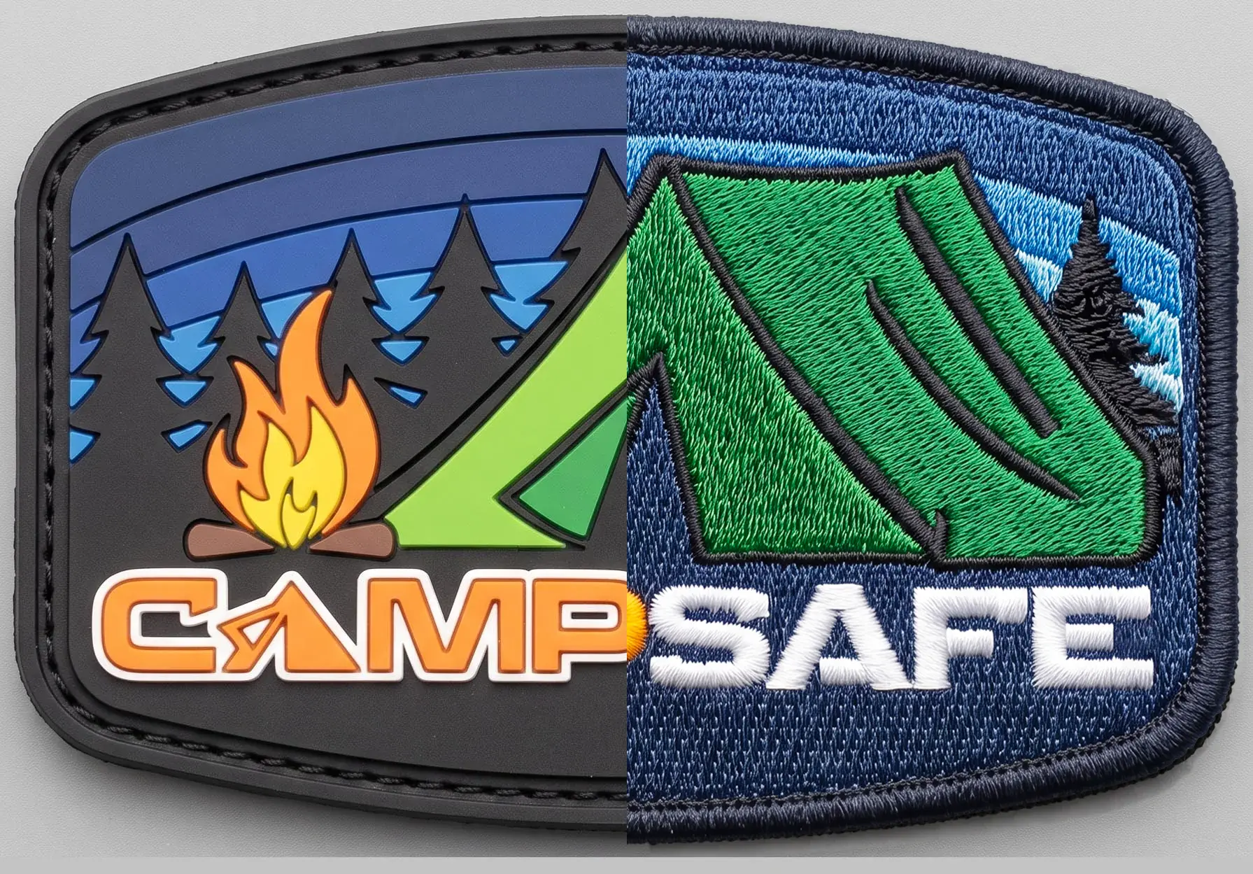 A Camp Safe patch with a tent, campfire, and pine trees, split down the middle. The left half is PVC: smooth molded rubber with crisp raised color edges and a molded rim. The right half is the same design embroidered: glossy stitched thread, satin-stitch lettering, and a merrowed border.
