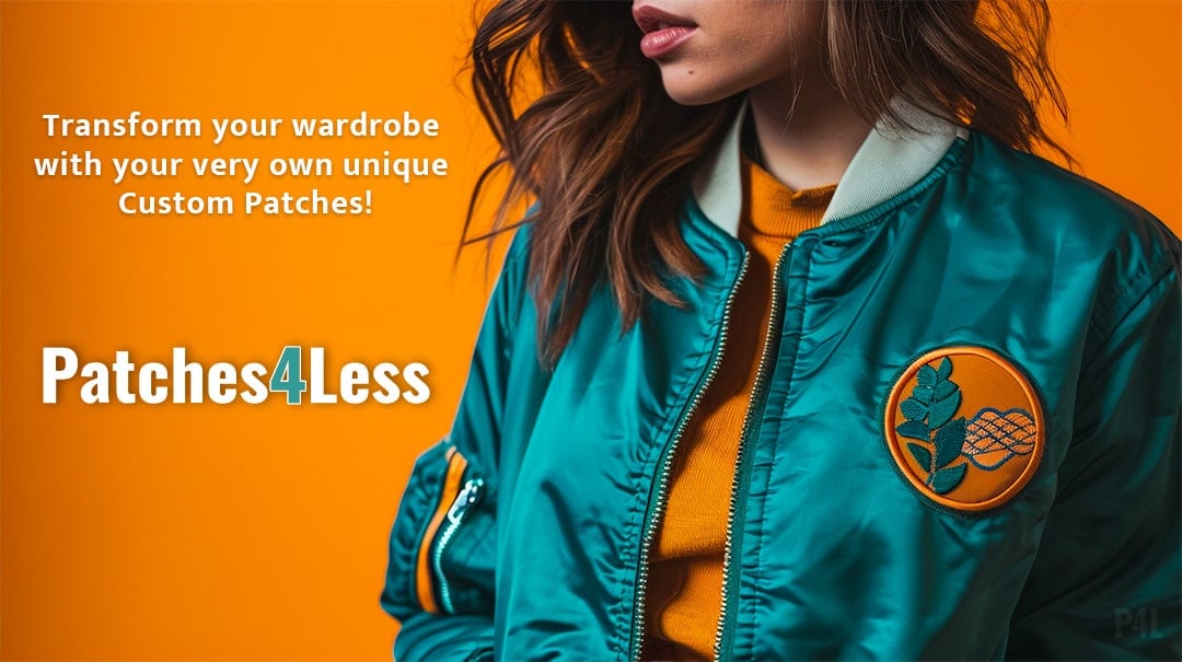 a lifestyle photo of a girl with a newly ironed on patch on her jacket. the image displays text that says 'Transform your wardrobe with your very own custom patches. Patches4Less'