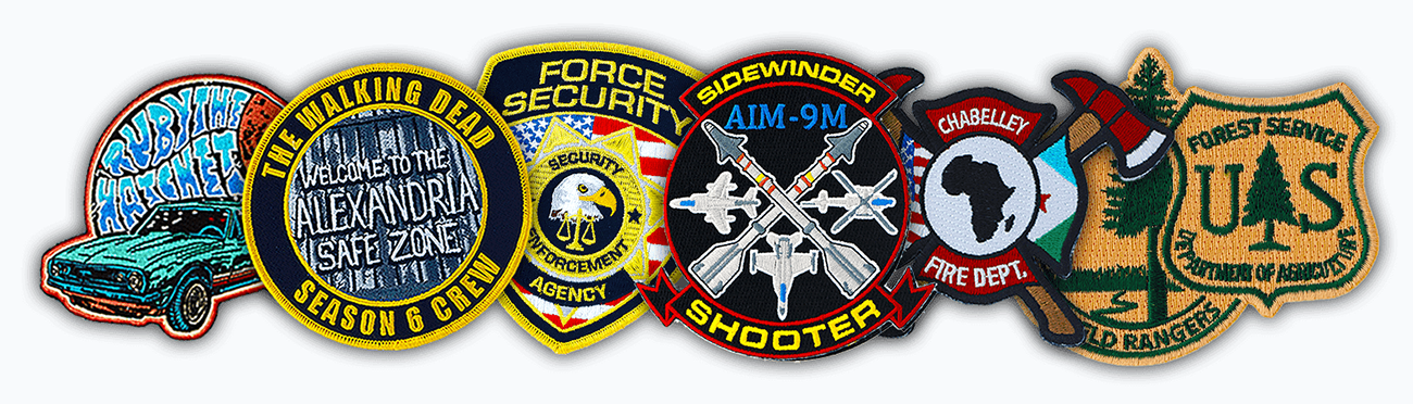 example of custom patches for Ruby The Hatchet, The Walking Dead,Force Security, AIM-9M, Chabelly, Fire Dept., and U.S. Forest Service