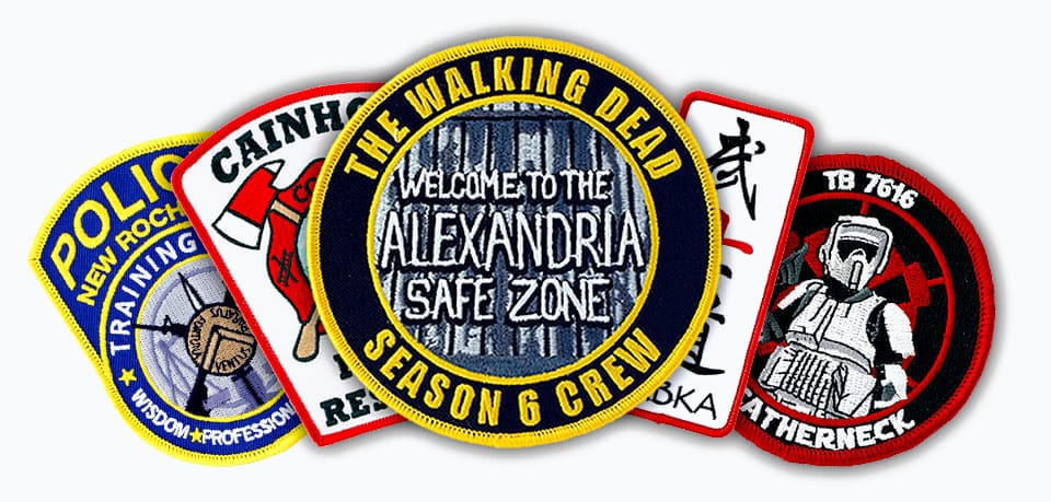 example of custom patches for New Rochester Police, Cainhoy Fire Dept., OBKA, adn TB 7616 Leatherneck