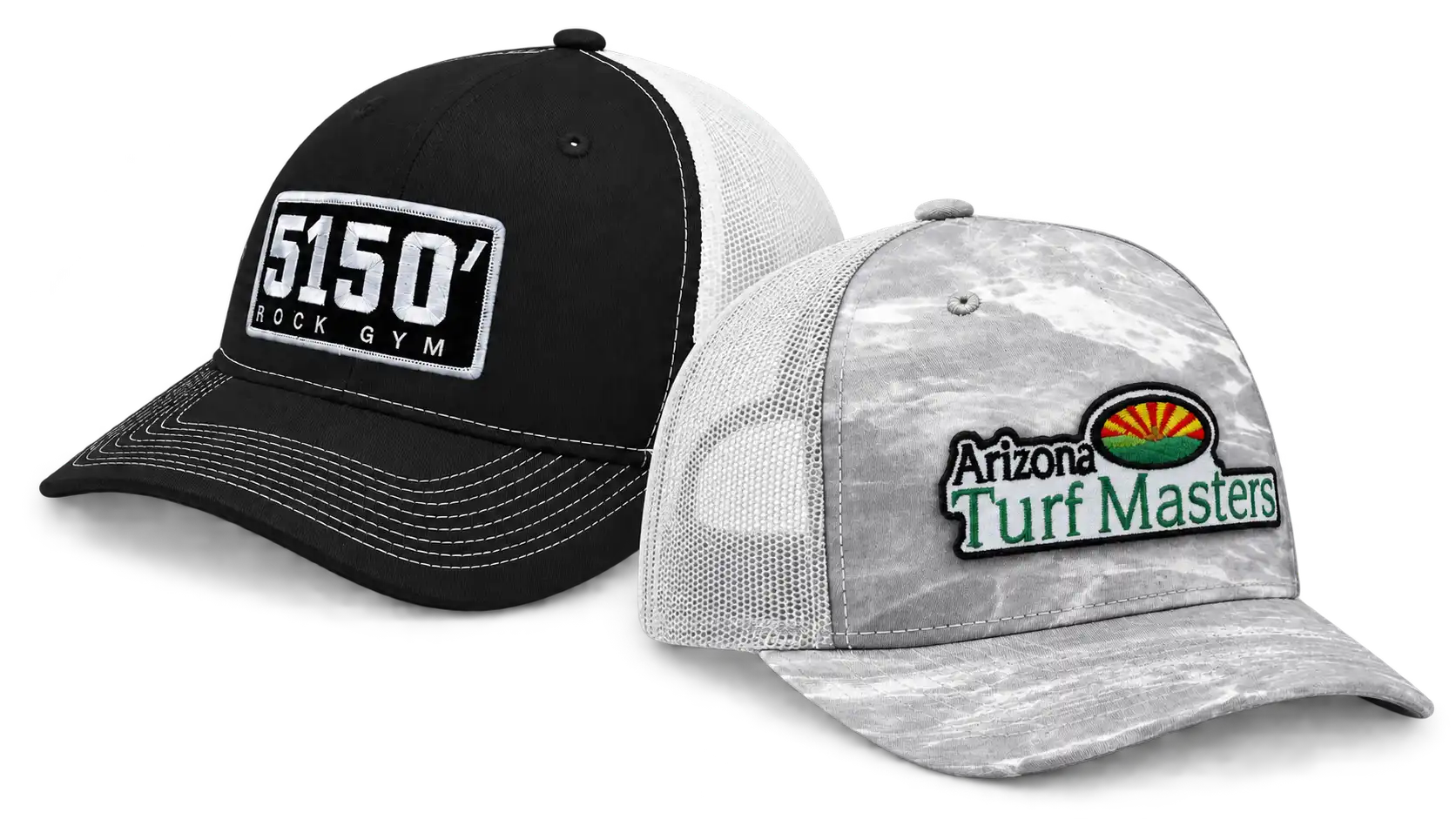 A tan baseball cap with a purple and white embroidered logo on the front.