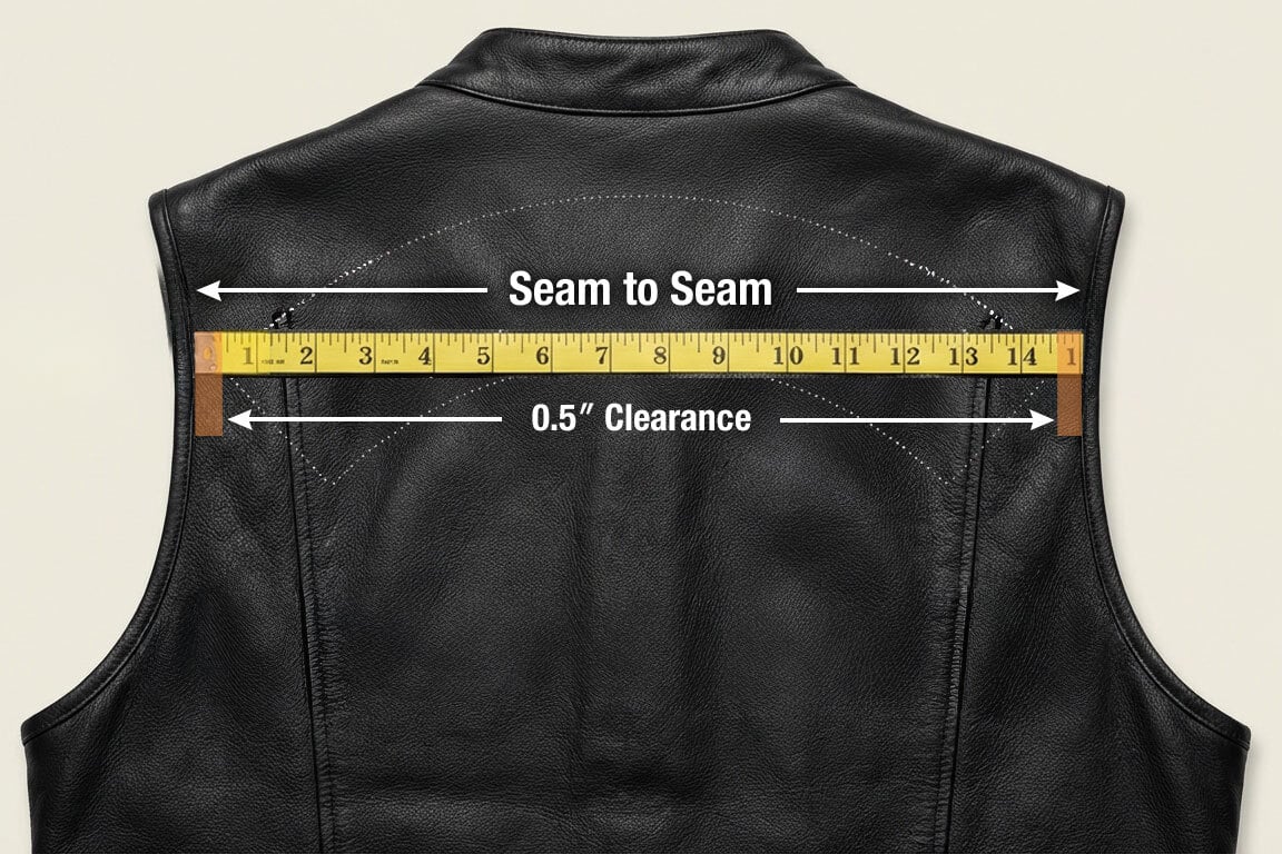 Back of a black leather motorcycle vest with a measuring tape stretched seam to seam across the upper back and arrows labeled Seam to Seam and 0.5 inch Clearance. The image demonstrates how to measure a vest properly to size a motorcycle club back patch while allowing half inch clearance from the seams.