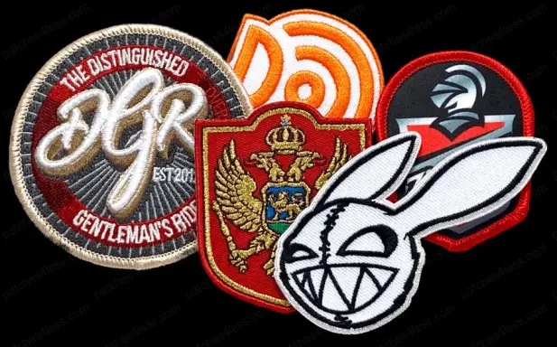 Various Custom Patch Styles A collection of custom patches. Includes a circular patch with 'The Distinguished Gentleman's Ride', an orange spiral, a red shield with a golden emblem, a white bunny face with a stitched mouth, and a knight helmet with a red background.
