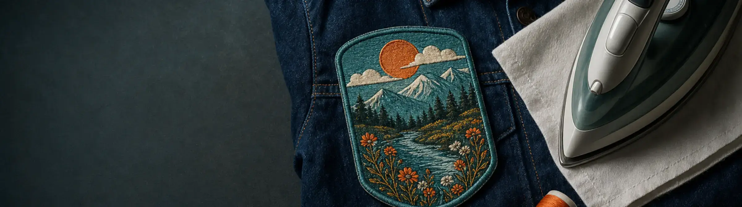 An embroidered mountain patch on a denim jacket beside an iron, a pressing cloth, and spools of thread